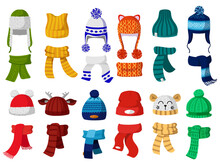 Winter Hats. Kids Knitting Autumn Headwear, Hats And Scarf, Cold Weather Children Accessories Isolated Vector Illustration Icons Set. Child Knitted Scarf, Accessory Headwear, Autumn Childish Garment