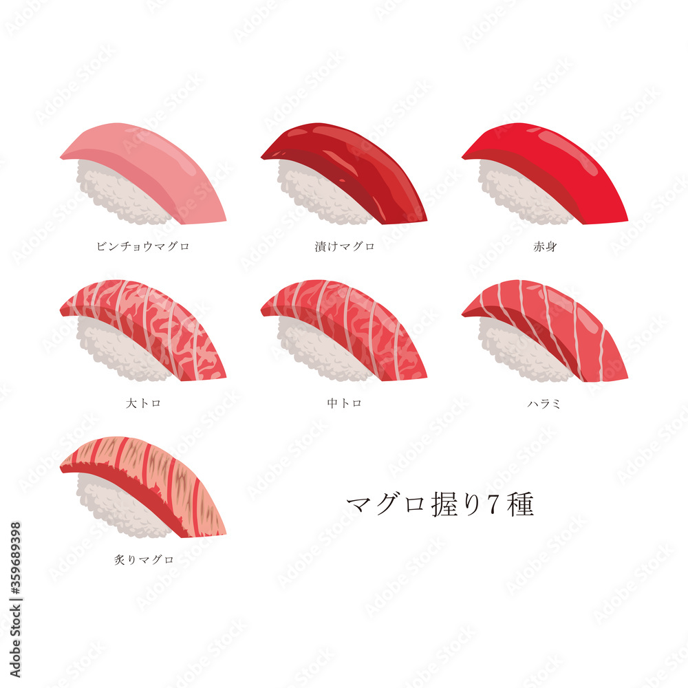 寿司 マグロ握り7種（ビンチョウマグロ、漬けマグロ、赤身、大トロ、中