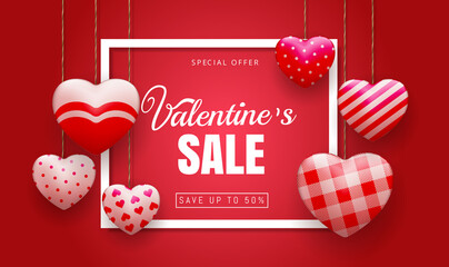 Happy Valentines day sale banner template. Valentines day store discount promotion with white frame lettering and hearts elements hanging with different patterns in red background. Vector illustration