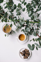 Delicious fresh morning espresso coffee with thick crema, black coffee, chocolate and eucalyptus branches on the white table background 