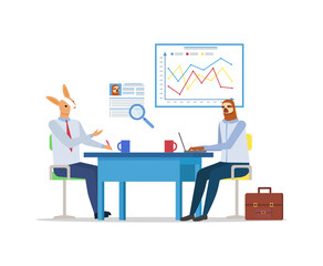 Poster - hipster animals vector, meeting of kangaroo and sloth, personal mentor and teacher. businessmen sitt