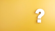 White Question Mark Sign On Yellow Background, 3d Render, Minimal And Copy Space.