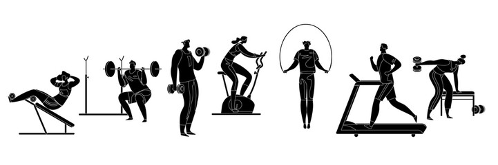 People exercising at modern gym. Athletic man and woman on training apparatus have various physical exercises. Enjoy sport activity.  Vector icon silhouette flat illustration set. 