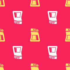 Sticker - Yellow Cement bag icon isolated seamless pattern on red background. Vector Illustration.