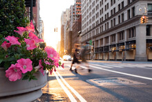 New York City Street Scene With Colorful Flowers And Men Walking Across The Intersection In Manhattan