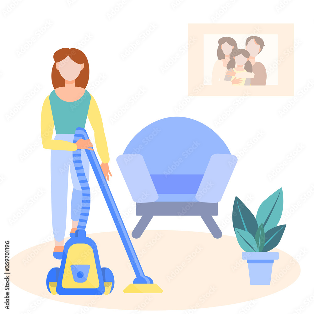 ome activities. Housework. Young girl with a vacuum cleaner. A pretty ...