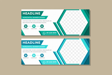 Poster - Set of vector abstract blue and green horizontal banners with geometric hexagonal background. Hexagon space for photo collage. white wallpaper with paper cut style use flat color. Social media cover