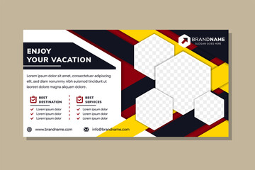 enjoy your vacation banner with horizontal layout. modern paper cut style use four combinations colors. Hexagon shape for space of photo collage. The colors are yellow, blue, white, and red. 