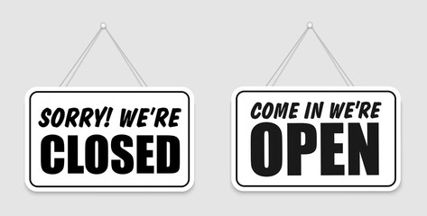 Aufkleber - Come in we're open or closed in signboard with a rope on transparent background. Vector