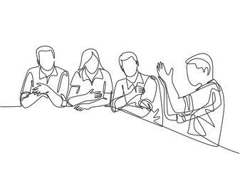 Wall Mural - One single line drawing of young male and female workers discuss about project in company meeting. Business talk and discussion concept. Modern continuous line draw design vector graphic illustration