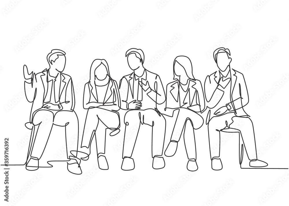 One continuous line drawing of young male and female interviewee ...