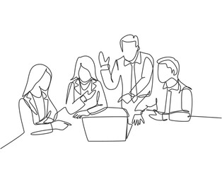 Wall Mural - One single line drawing of young happy startup workers facing laptop computer to listen the CEO presenting business plan. Business meeting concept continuous line draw design vector illustration