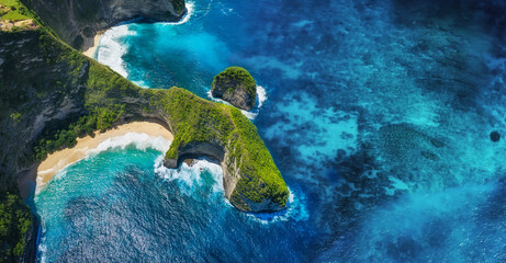 Wall Mural - panoramic aerial view at the sea and rocks. blue water background from top view. summer seascape fro