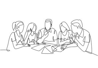 one single line drawing of young startup founders brainstorming innovation ideas in a meeting at the