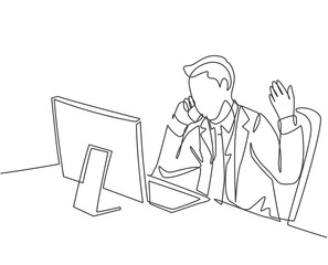 Poster - one continuous line drawing of young male employee get call from his manager and asking to explain s