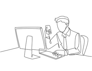 Wall Mural - Single continuous line drawing of young manager typing message on smartphone and sending it to his colleague while siting at the office. Text messaging concept one line draw design vector illustration