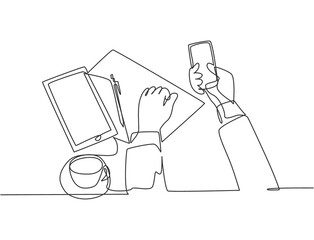 Poster - Single continuous line drawing of hand gestures holding and touching smartphone screen with a cup of tea, piece of paper and tablet on the desk. Gadget concept one line draw design vector illustration