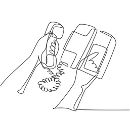 Poster - One single line drawing of finger hand gesture dial the vintage classic telephone number button. Old retro analog telephone concept. Trendy continuous line draw design graphic vector illustration