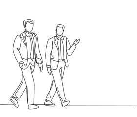 Poster - one single line drawing of young businessmen walking together colleague on city street discussing wo