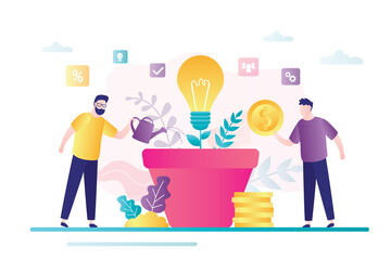 Wall Mural - Tiny team grows best business idea. Male characters invest in new idea. Concept making money
