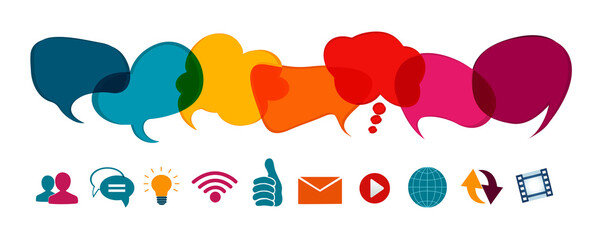 Wall Mural - Social network concept. Speech bubble and online communication symbols. Communication dialogue and sharing of ideas data information news and thoughts in social media. Communicate via the web