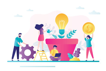 Wall Mural - Businesspeople grows business idea. Business characters invest in new idea. Concept making money. Teamwork, development project