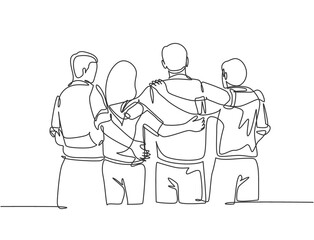 Sticker - Single continuous line drawing about group of men and woman from multi ethnic standing and hugging together to show their unity bonding. Friendship concept one line draw design vector illustration