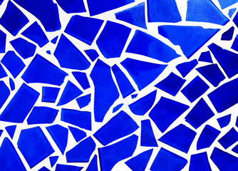 Blue trencadis mosaic, ceramic pattern. Blue irregular mosaic tiles background. Teal Tiles. Beautiful blue stone abstract background.