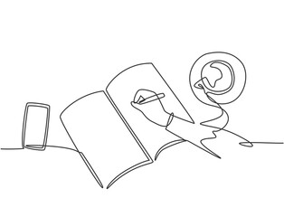 Fototapete - Single continuous line drawing of hand gesture writing on an open book beside a cup of coffee and smartphone. Writing draft business concept. Modern one line draw design graphic vector illustration