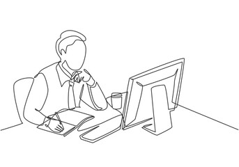 Poster - one single line drawing of young pensive businessman sitting and watching computer screen to analyze