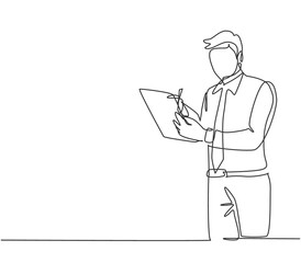 Poster - one continuous line drawing of young serious male manager standing and writing business proposal dra