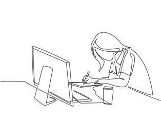 Poster - one single line drawing of young pensive female employee works overtime to finish writing company dr