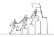 © Simple Line - Single continuous line drawing of team members holding hands together following their leader who hold flag climbing up stairs step by step. Teamwork concept one line draw design vector illustration