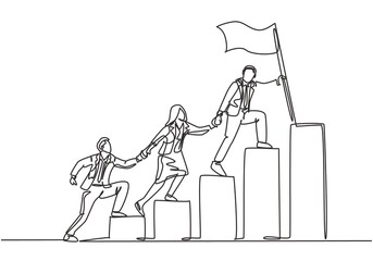 Poster - single continuous line drawing of team members holding hands together following their leader who hol