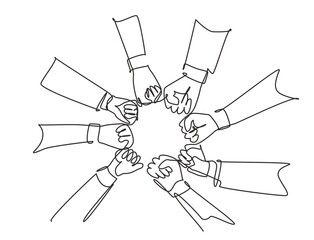 Wall Mural - Single continuous line drawing group of young business people unite their hands together to form a circle shape as a unity symbol. Teamwork concept one line draw graphic design vector illustration