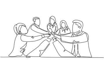 Poster - One single line drawing group of young happy male and female business people unite their hands together to form a circle shape. Teamwork unity concept continuous line draw design vector illustration