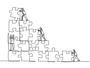 Poster - one single line drawing of two young businessman push and arrange puzzle pieces to build a strong bu