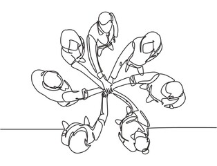 one single line drawing group of young happy business people unite their hands together to form a ci