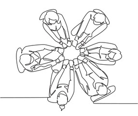 Poster - one continuous line drawing group of young male female business people unite their hands together to