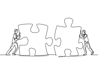 Poster - one continuous line drawing of two young businessmen push puzzle pieces to unite them as sign to sta