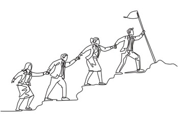 Poster - One continuous line drawing of male and female team member stick together follow their leader who holds flag to reach the top of the hill. Teamwork concept single line draw design vector illustration