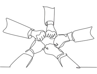 Poster - One continuous line drawing group of young male and female business people unite their hands together to form a five star shape. Unity teamwork concept single line draw design vector illustration