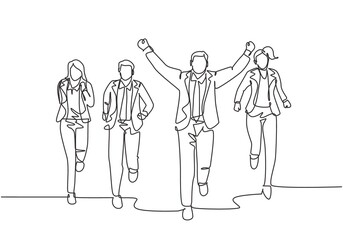 Poster - one continuous single line drawing of young happy male manager rise fist to the air after winning cr