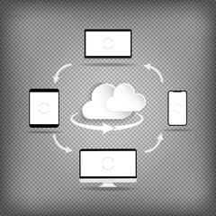 Poster - Cloud computing technology users network configuration. Exchange of information between different devices. Vector on isolated background. Eps 10.