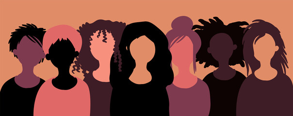 Group of happy smiling women of different race together. Flat style vector illustration. Feminism diversity tolerance girl power concept.