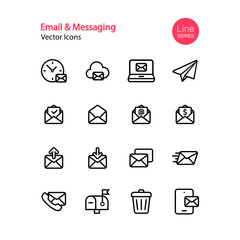 Poster - Email and messaging line icon set. Social media, online chat, messenger app, mobile, smartphone, newsletter, spam, mail box, address book. Vector on isolated white background. Eps 10.