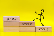 Figure Of A Little Man Running To The Goal By Stacked In The Form Of A Ladder Wooden Blocks On Yellow Background With A Copy Of The Space. Business Development, Strategy Concept.