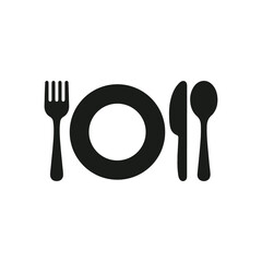 Wall Mural - Flat icon design of plate, knife, and fork Minimalism. Vector illustration on white background Dinner theme with creative symbol. EPS 10