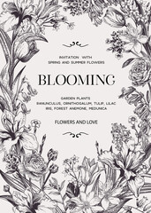 Poster -  Floral wedding invitation with flowers.