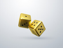 Golden Dices Isolated On White Background. Vector Realistic 3d Illustration. Casino Or Gambling Concept. Game Sign. Shiny Cubes.